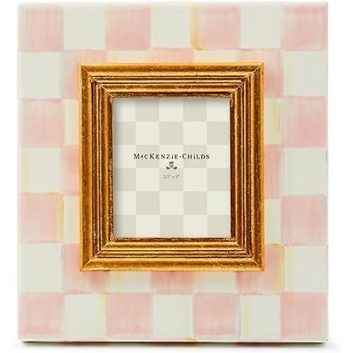MACKENZIE-CHILDS Enamel Frame, Cute Rectangular Family Picture Frame, Pink-and-White Rosy Check, 2.5" x 3"