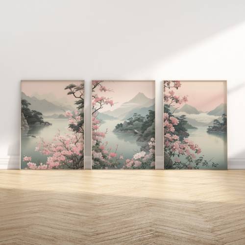 Japanese Wall Art Set of 3 Prints Boho Housewarming Gift Sakura Nature Spring Cherry Blossom Home Decor Japan Landscape Painting Pink
