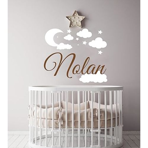 Custom Name with Moon Clouds and Stars - Nursery Baby Name Wall Art - Wall Decal for Nursery Bedroom playroom Decoration (Wide 20x20inch Height)
