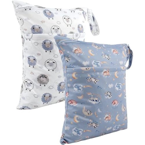 ALVABABY 2pcs Cloth Diaper Wet Dry Bags Waterproof Reusable with Two Zippered Pockets Travel Beach Pool Daycare Soiled Baby Items Yoga Gym Bag for Swimsuits or Wet Clothes LZD2122