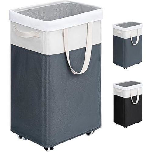 Goodpick Laundry Basket with Wheels, 75L Laundry Hamper for Dirty Clothes, College Dorm Essentials, Clothes Hamper for Livng Room, Grey&White