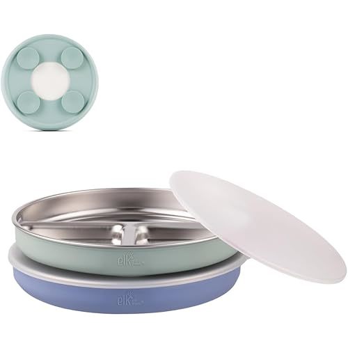 Elk and Friends Stainless Steel Divided Plates with Silicone Sleeve for Babies & Toddlers | Lids Included | Stay Put Suction | Dinner & Snack Plates | 2 Pack