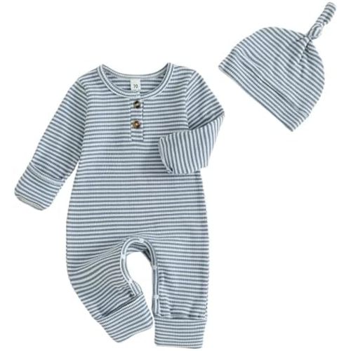 Murnouche Newborn Baby Boy Clothes Coming Home Outfit Ribbed Romper with Hat Bodysuit Jumpsuit