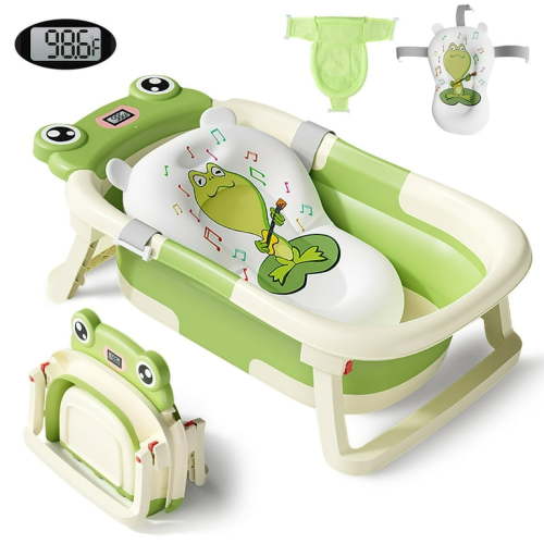 CshidWorld Collapsible Baby Bathtub, Baby Bath Tub with Soft Cushion+Baby Tub Sling & Thermometer, Baby Bathtub Newborn to Toddler 0-36 Months, Portable Travel Baby Tub, Green