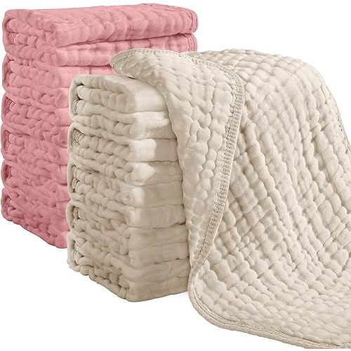 Looxii Muslin Burp Cloths 100% Cotton Muslin Cloths 12 Pack Large 20''x10'' Extra Soft and Absorbent Baby Burping Cloth for Boys and Girls (Apricot+Bean Red)