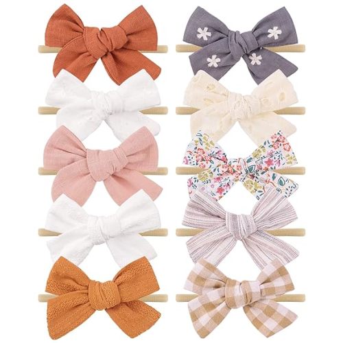 doboi 10PCS Baby Girls Headbands Hair Bows Nylon Linen Hairbands Handmade Hair Accessories for Newborn Infant Toddlers Little Girl and Kids 3.5Inches
