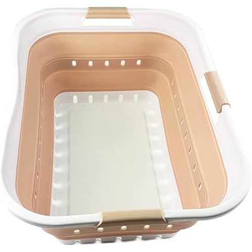 SAMMART 42L (11 gallon) Collapsible Plastic Laundry Basket - Foldable Pop Up Storage Container/Organizer - Space Saving Hamper/Basket (White/Beige)