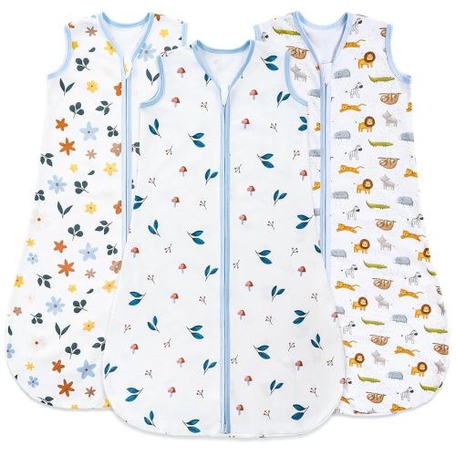 Baby Sleep Sack 0-6 Months, 100% Organic Cotton Wearable Blanket for Babies, 2-Way Zipper TOG 0.5 Lightweight Breathable Baby Sleeping Bag, 4 Sizes-S Animal&Plant&White