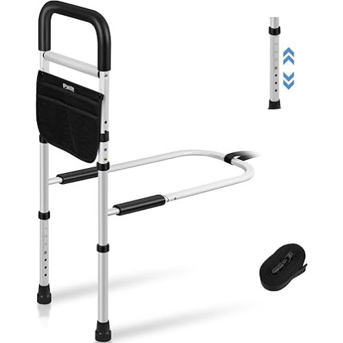 Bed Rails for Elderly Adults Safety, Adjustable Bed Assist Rails for Seniors, Bed Side Rails with Support Legs and Storage Pocket, Portable Bed Cane Fit King, Queen, Full, Twin Bed, Black