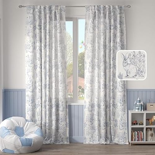 jinchan Linen Floral Curtains for Bedroom 84 Inch Long Cottage Farmhouse Blue Curtains French Country Toile Curtains Animal Printed Drapes Light Filtering Nursery Window Curtain Set, 2 Panels