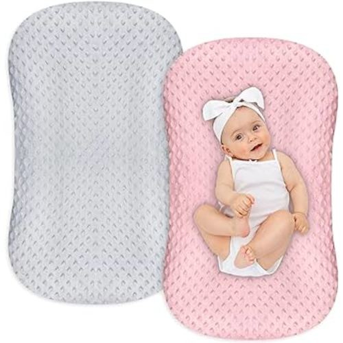 Hooyax Minky Baby Lounger Cover 2 Pack Premium Newborn Lounger Covers, Organic Removable Infant Slipcovers for Baby Nest Lounger, Ultra Soft Snug Fit Infant Lounger Cover for Boys Girls (Pink, Grey)