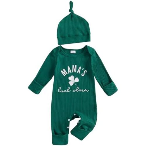 Newborn Infant Baby Boy St Patricks Day Outfit Knit Long Sleeve Romper + Hat Green Clover Baby Clothes Boy