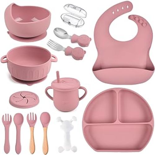 Baby Feeding Silicone Cutlery Set, 15 Pieces Toddler Silicone Tableware Set, Dinner Plate and Bowl/Bib/Training Cup/Finger Toothbrush/Fork and Spoon/baby plates and utensils set(pink)