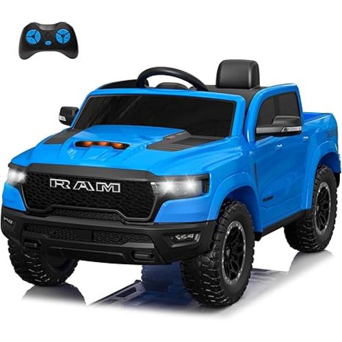 Licensed Ram 1500 Ride on Toys for Kids 4-8, 12V Ride-on Electric Car for Kids with Remote Control, Battery Powered with Car Key/Gear Selector, LED Light/Music/MP3, Back Storage (Blue)