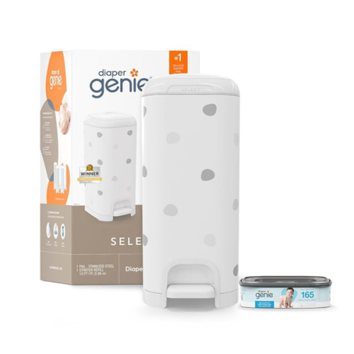 Diaper Genie Select Pail (Polka Dot) is Made of Durable Stainless Steel and Includes 1 Starter Square Refill That can Hold up to 165 Newborn-Sized Diapers.