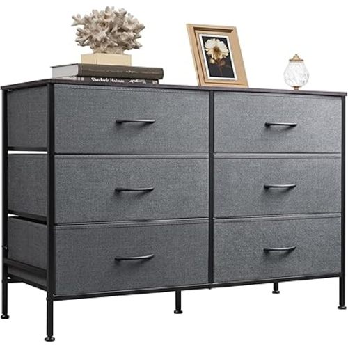WLIVE Dresser for Bedroom with 6 Drawers, Wide Fabric Dresser TV Stand for 50 Inches TV with Metal Frame, Wooden Top, Fabric Storage Organizer for Livingroom, Hallway, Dark Gray
