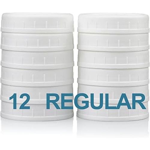12 Pack REGULAR MOUTH Mason Jar Lids for Ball, Kerr and More - Plastic Storage Caps for Mason Jars, Canning Jars - Leakproof, Dishwasher Safe & Food Grade - White