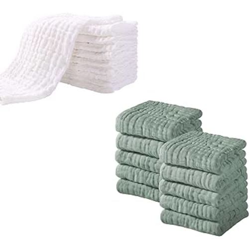 Yoofoss 10 Pack Muslin Burp Cloths for Baby 20''X10'' White & 10 Pack Muslin Baby Washcloths 12x12in (Dark Green)