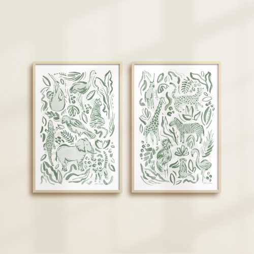 Safari Jungle Watercolor 2 PRINTS Pair Multicolor Blue Pink Yellow | 2 Set Watercolor Print, Poster Nursery Modern, Safari Theme, Zoo Animal