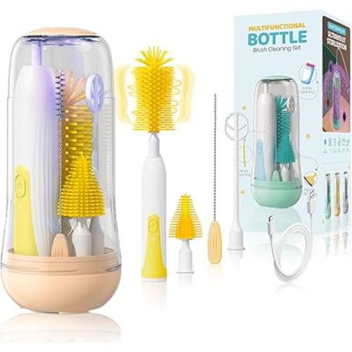 Electric Travel Baby Bottle Brush Set with Storage Box, Automatic Bottle Cleaner Brush Kit with Silicone Bottle/Nipple/Straw Brush,Milk Frother Electric and Drainage Rack, Rechargeable, Yellow