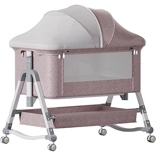 Jaoul 4 in 1 Baby Bassinet Bedside Sleeper Baby Crib, Adjustable Cosleeper for Baby, Easy Folding Portable Baby Bed Rocking Bassinets with Comfy Mattress Mosquito Net Storage for Infant Newborn Khaki