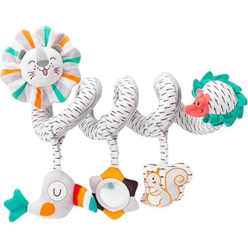 Spiral Car Seat & Stroller Activity Toy - Baby Carseat Toys Hanging Infants Plush Toys for Ages 0 Months and Up - Hanging Toys Include BB Squeaker, Crinkle Toys, Mirror and Textured Ribbons (Lion)