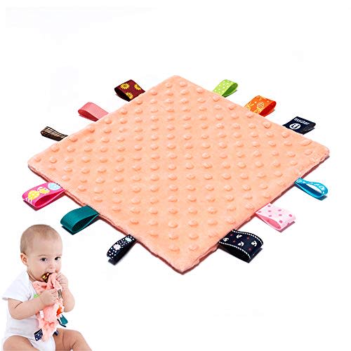 Baby Tags Security Blankets - Baby Soothing Plush Blanket with Colorful Tags, 10"x10" Square Sensory Toys, for Babies Boys and Girls (Orange)