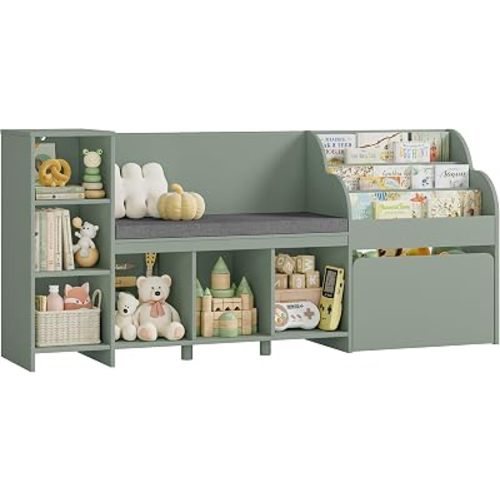 HOSTACK 67"W Kids Reading Nook with Bookshelf, Toy Storage Organizer, Green | Cushioned Bench & Large Movable Toy Storage Box on Wheels, 6 Open Cubbies for Ease Fetch, Kid Bookcase for Playroom, Kid Room