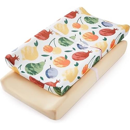 TILLYOU Baby Changing Pad Cover, Changing Table Cover for Girls Boys, Ultra Soft Breathable, 2 Pack Fruit Shadow & orangish