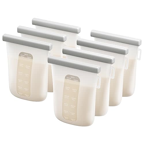 Nuliie 7 Pcs Reusable Silicone Breastmilk Storage Bags, 12oz/360ml Double Leak-Proof Breastmilk Freezer Bags, BPA Free Self-Standing Milk Bags for Breastfeeding, Baby Food Pouches