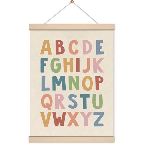 MuHsMan Alphabet ABC Poster Hanger Frame, Boho Style Cottagecore Room Decor, Printed on Linen Hanging Wall Decor for Nursery Playroom Girls Boys Room, 12x16 Inch