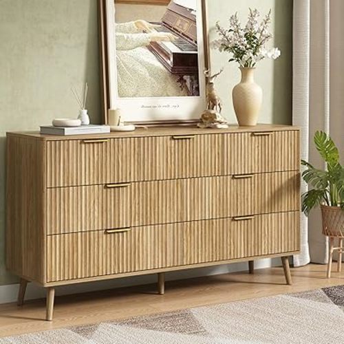 CARPETNAL Fluted 7 Double Drawers Dresser for Bedroom, 55”Wide Modern Chest of Drawers with Deep Drawers,Curved Profile Design, Wood Drawer Organizer for Living Room, Hallway, Natural Oak