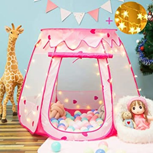 Pop Up Princess Tent with Star Light, Toys for 1 2 3 Year Old Girl Birthday Gift, Ball Pit for 12-18 Months Toddler Girl Toys, Easy to Pop Up and Assemble(Pink)