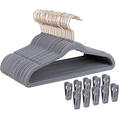 Kids Velvet Hangers 30 Pack - 14" Inch Premium Non Slip Kids Felt Hangers for Clothes - Ultra Thin Baby Felt Hangers for Youth Childrens' Closet with 10 Hanger Clips - Gray