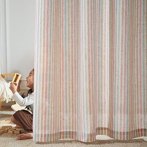 JINCHAN Linen Curtains for Living Room, Candy Striped Curtains 84 inch Length for Baby Girls Kids Room, Ticking Stripe Pattern Light Filtering Nursery Drapes, Grommet Window Treatments, 2 Panels Candy