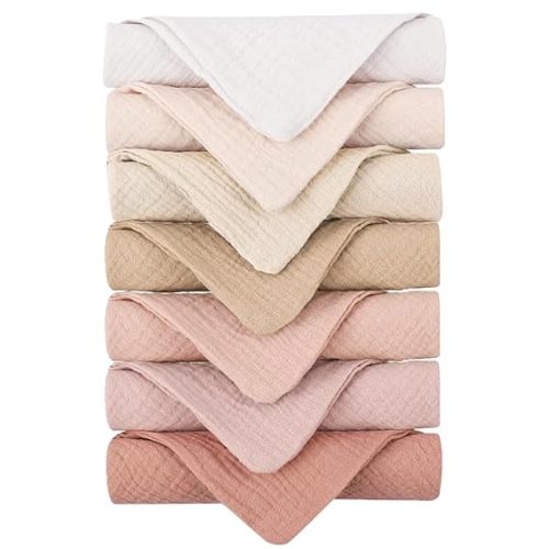 Konssy Baby Muslin Washcloths 7-Pack, 100% Cotton Baby Bath Washcloths, Soft & Absorbent Wash Cloths and Burp Cloths for Newborn Kids Girls & Boys, 11x11 inches