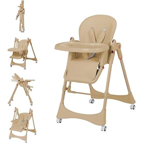 Silla alta prémium para bebés y niños pequeños, cojín extraíble y lavable a máquina, fácil de limpiar, silla de alimentación plegable resistente con ajuste de altura de 5 niveles (marrón)