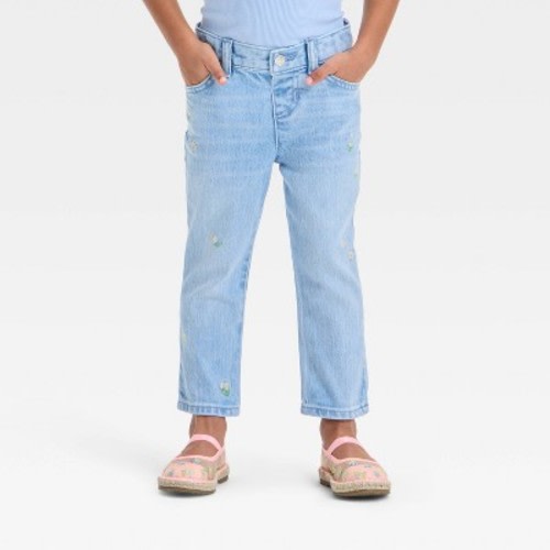 Toddler Girls' Embroidered Daisy Pants - Cat & Jack™ Light Wash 12M: Denim, Adjustable Waistband, Pockets