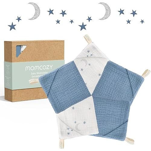 Momcozy Soft & Absorbent Baby Washcloths - 4 Layer Design| Medium Thickness| Premium Cotton for Newborns' Skin-Great for Bathing, Wiping & on-The-go Use, Shower Gift and Essential(5 Pack, 10x10 inch)