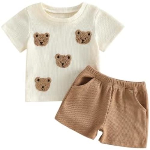 Girditemo Ropa de verano para bebé niño, con bordado de oso, cuello redondo, waffle, manga corta, pantalones cortos, conjunto de 2 piezas para niños pequeños