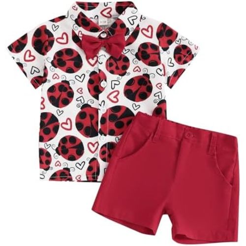Toddler Baby Boy Valentines Dress Suit Kids Love Heart Gentleman Dress Shirt+Red Shorts Pant 2Pcs Tuxedo Outfits
