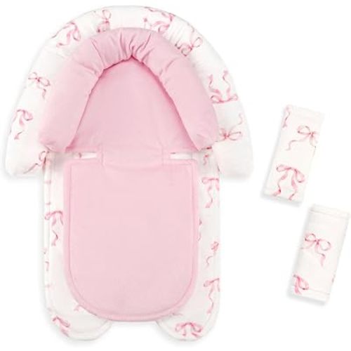Infant Car Seat Insert with Strap Covers, 2 in 1 Car Seat Head Support Baby Girls, Soft Preemie Insert for Carseat, Stroller, Bouncer (Pink Bow)