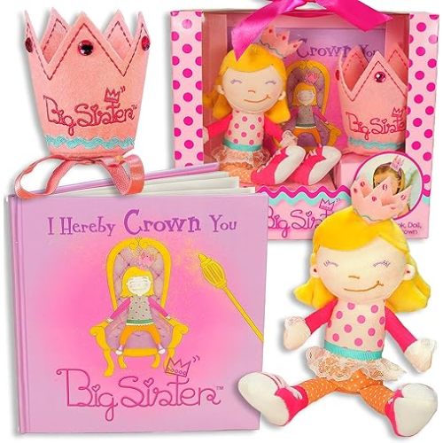 Tickle & Main 3 Pcs Big Sister Gifts for Little Girls, Includes I Hereby Crown You Big Sister Book, Soft Cloth Doll, and Child Size Crown, Ideal for Announcing a New Sibling, Educational and Engaging