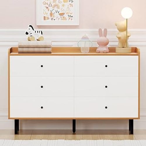 REHOOPEX White Dresser for Bedroom with 6 Drawers, Modern Wood 6 Drawer Dresser with Black Knobs, Chest of Drawers for Nursery, Living Room, Closet, Entryway, Hallway (White+Wood)