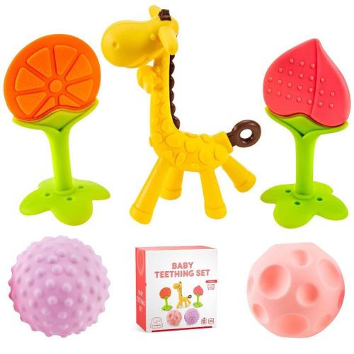 Silicone Baby Teething Toys 5 Pack, Sensory Balls & Teethers for Infants 0-12 Months, BPA Free Freezer Safe Soft Baby Teether Toys, Soothe Babies Gums