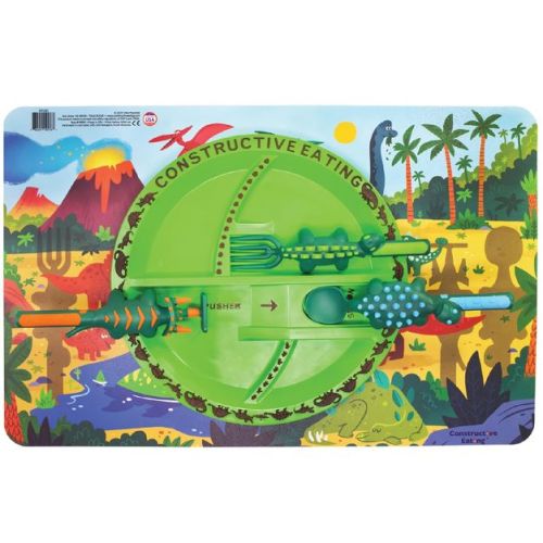 Constructive Eating Dinosaur Utensil, Divided Plate, And Placemat Set For Kids And Toddlers
