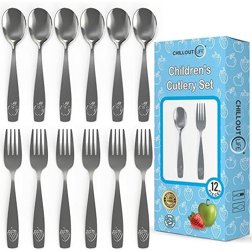 CHILLOUT LIFE Stainless Steel Kids Silverware Set 12 Pieces - Child and Toddler Safe Flatware - Kids Utensil Set - Metal Kids Cutlery Set (Includes 6 Small Kids Spoons & Kids 6 Forks)