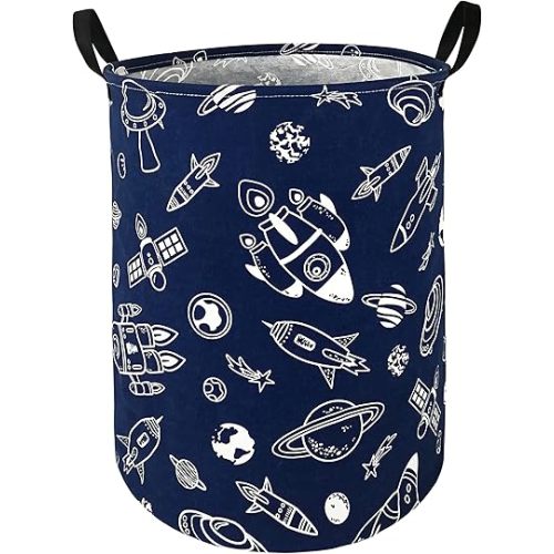 Round Spacecraft Pattern Laundry Hamper Storage Basket Organizer Hamper Storage Bins for Clothes Toys Box Nursery Hamper Gift Basket with Handles
