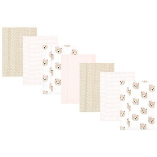 Hudson Baby Infant Girl Flannel Burp Cloth 7pk, Pink Taupe Bear, One Size