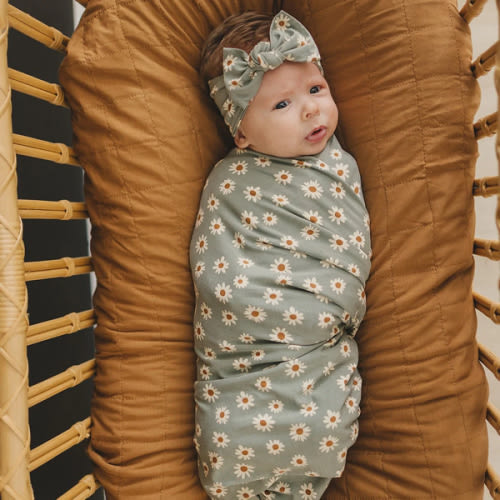 Light Green Daisy Bamboo Stretch Swaddle Blanket